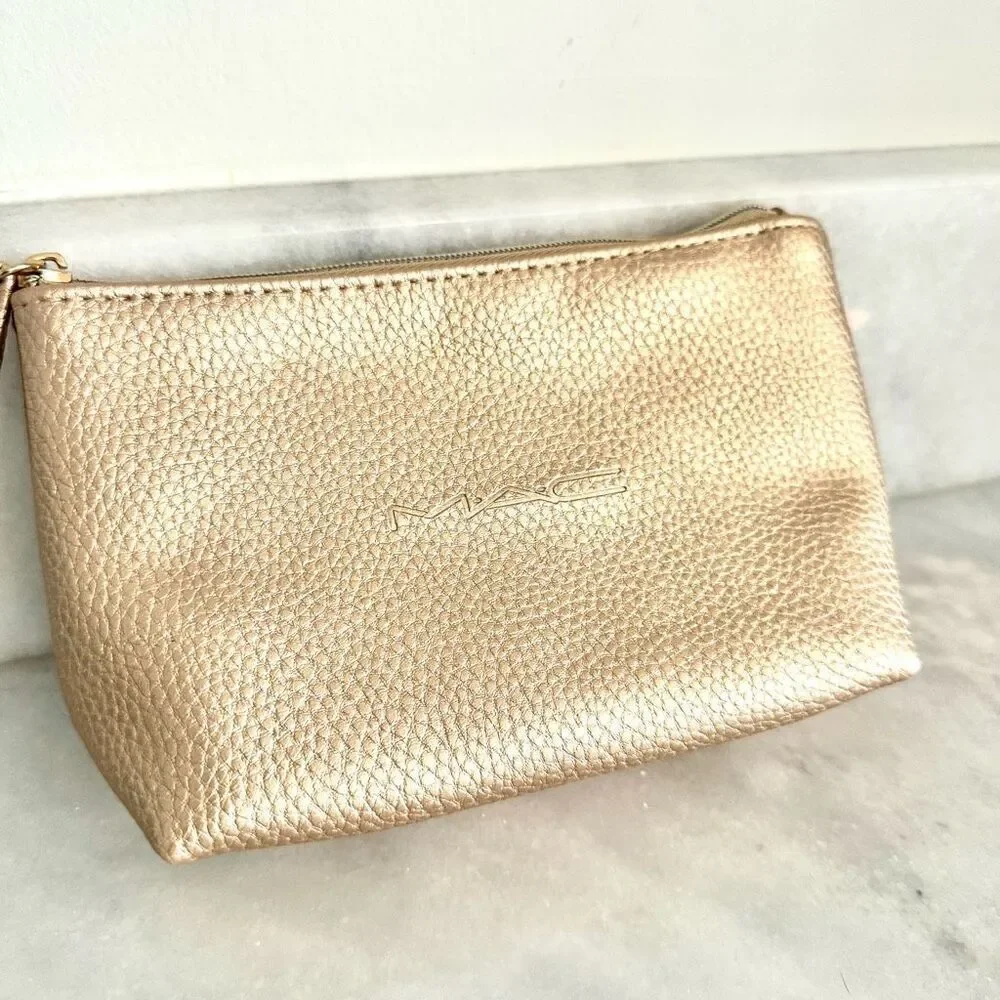 NWT MAC Cosmetics Pebbled Vegan Leather Cosmetic Pouch Bag Gold Small